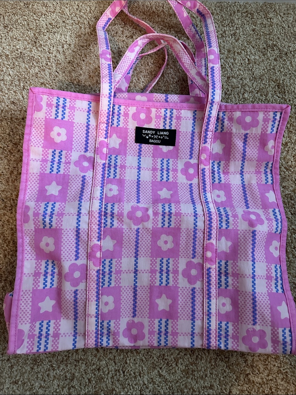 Sandy Liang Baggu Large Nylon Market Bag - Plaid Pink (Brand New)